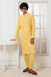 Buy_Darshika Menswear_Yellow Cotton Silk Embroidered Thread Floral Pattern Kurta And Pyjama Set _at_Aza_Fashions