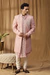 Buy_Kudrat Couture_Pink Silk Embroidered Dabka Sherwani Jacket Churidar Set _at_Aza_Fashions