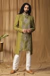 Buy_Kudrat Couture_Green Silk Embroidered Moti Asymmetric Sherwani And Pant Set _at_Aza_Fashions