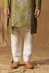 Buy_Kudrat Couture_Green Silk Embroidered Moti Asymmetric Sherwani And Pant Set _Online_at_Aza_Fashions