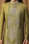 Shop_Kudrat Couture_Green Silk Embroidered Moti Asymmetric Sherwani And Pant Set _Online_at_Aza_Fashions