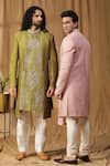 Kudrat Couture_Green Silk Embroidered Moti Asymmetric Sherwani And Pant Set _at_Aza_Fashions