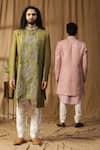 Buy_Kudrat Couture_Green Silk Embroidered Moti Asymmetric Sherwani And Pant Set 