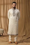 Buy_Kudrat Couture_Off White Silk Embroidered Thread Kurta And Pant Set _at_Aza_Fashions