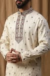 Kudrat Couture_Off White Silk Embroidered Thread Kurta And Pant Set _at_Aza_Fashions