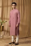 Kudrat Couture_Pink Silk Embroidered Thread Asymmetric Bundi Kurta Set _at_Aza_Fashions