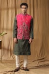 Shop_Kudrat Couture_Pink Silk Embroidered Thread Vanraaj Dual Toned Bundi Kurta Set _Online_at_Aza_Fashions