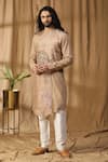 Buy_Kudrat Couture_Beige Silk Embroidered Cutdana Buddha Asymmetric Panel Kurta And Pant Set _at_Aza_Fashions