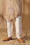 Kudrat Couture_Beige Silk Embroidered Cutdana Buddha Asymmetric Panel Kurta And Pant Set _Online_at_Aza_Fashions