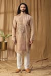 Buy_Kudrat Couture_Beige Silk Embroidered Cutdana Buddha Asymmetric Panel Kurta And Pant Set _Online_at_Aza_Fashions