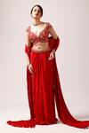 Buy_Anshika Tak Label_Red Blouse Tussar Silk Embroidered Floral Leaf Enchanting Draped Skirt Set _at_Aza_Fashions