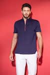 Buy_AMIT ARORA_Blue Poly-knit Knitted Threadwork Placed T-shirt _at_Aza_Fashions