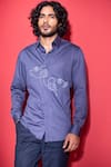 Shop_AMIT ARORA_Blue Cotton Knit Threadwork Abstract Shirt _at_Aza_Fashions