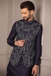 Buy_AMIT ARORA_Blue Banarasi Silk Embroidery Damask Bloom Bundi Kurta Set 