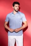 Buy_AMIT ARORA_Blue Cotton Crochet Hand Embroidered Metal Button Detailed Collared T-shirt _at_Aza_Fashions