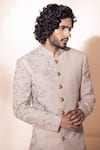 Buy_AMIT ARORA_Beige Pant Pollywool Hand Embroidered Floral Sherwani With _Online_at_Aza_Fashions