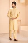 Buy_AMIT ARORA_Yellow Linen Embroidered Dori Placement Kurta With Aligadhi _at_Aza_Fashions