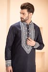 AMIT ARORA_Blue Linen Embroidered Zari Metal Kurta With Aligadhi _Online_at_Aza_Fashions