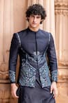 Buy_AMIT ARORA_Blue Jacket And Kurta Silk Hand Botanical Pattern Bandhgala With Set _Online_at_Aza_Fashions