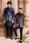 Shop_AMIT ARORA_Blue Jacket And Kurta Silk Hand Botanical Pattern Bandhgala With Set _Online_at_Aza_Fashions