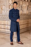 Shop_AMIT ARORA_Blue Bnadhgala And Pant Cord Hand Embroidered French Knot Bead Bandhgala With _Online_at_Aza_Fashions