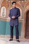 Buy_AMIT ARORA_Blue Bandhgala And Long Waistcoat Cord Silk Hand Embroidered Metal Work Set _at_Aza_Fashions