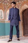 Buy_AMIT ARORA_Blue Bandhgala And Long Waistcoat Cord Silk Hand Embroidered Metal Work Set _Online_at_Aza_Fashions