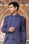 Shop_AMIT ARORA_Blue Bandhgala And Long Waistcoat Cord Silk Hand Embroidered Metal Work Set _Online_at_Aza_Fashions