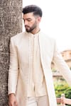 Buy_AMIT ARORA_Cream Bandhgala And Short Kurta Crochet Hand Embroidered Thread Beads Pant Set _Online_at_Aza_Fashions