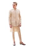 AMIT ARORA_Beige Matte Knit Embroidery Leather Dori Bandhgala Set _at_Aza_Fashions