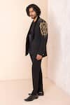 AMIT ARORA_Black Dobby Knit Embroidery Metal Sleeves Blazer Pant Set _at_Aza_Fashions