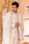 AMIT ARORA_Cream Raw Silk Embroidery Gullista Sherwani Set _at_Aza_Fashions