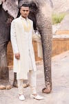 Shop_AMIT ARORA_Gold Raw Silk Embroidery Hexagon Phool Sherwani Set _at_Aza_Fashions