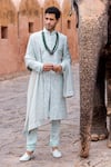 Buy_AMIT ARORA_Blue Raw Silk Embroidery Mor Bagh Sherwani Set _at_Aza_Fashions