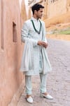 Buy_AMIT ARORA_Blue Raw Silk Embroidery Mor Bagh Sherwani Set _Online_at_Aza_Fashions