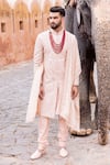 Buy_AMIT ARORA_Pink Raw Silk Embroidery Mughal Garden Sherwani Set _at_Aza_Fashions