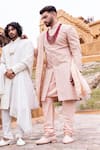 AMIT ARORA_Pink Raw Silk Embroidery Mughal Garden Sherwani Set _Online