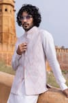 AMIT ARORA_Pink Textured Rayon Embroidery Foliage Swerve Bundi Kurta Set _at_Aza_Fashions