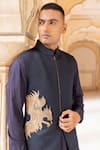 Buy_AMIT ARORA_Blue Quilted Knit Embroidery Dragon Zari Motif Bundi Kurta Set _Online_at_Aza_Fashions