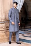 Buy_AMIT ARORA_Grey Moonga Silk Embellished Metal Linear Work Kurta With Aligadi Pant _Online_at_Aza_Fashions