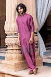 Buy_AMIT ARORA_Wine Moonga Silk Embellished Rectangular Pattern Work Kurta With Aligadi Pant _at_Aza_Fashions