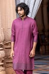 AMIT ARORA_Wine Moonga Silk Embellished Rectangular Pattern Work Kurta With Aligadi Pant _Online_at_Aza_Fashions