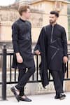 Buy_AMIT ARORA_Black Poly Knit Tape Web Pattern Work Kurta With Aligadi Pant _at_Aza_Fashions