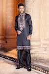 Buy_AMIT ARORA_Black Kurta Jaam Satin Print Floral With Aligadi Pant _at_Aza_Fashions