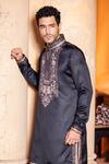 Shop_AMIT ARORA_Black Kurta Jaam Satin Print Floral With Aligadi Pant _Online_at_Aza_Fashions