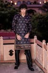 Buy_AMIT ARORA_Black Kurta Jaam Satin Print Elephant With Aligadi Pant _at_Aza_Fashions