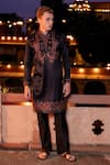 Buy_AMIT ARORA_Black Kurta Jaam Satin Print Abstract Floral With Aligadi Pant _at_Aza_Fashions