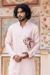 Shop_AMIT ARORA_Peach Kurta Jaam Satin Print Floral Bouquet With Aligadi Pant _at_Aza_Fashions