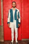 Shop_Ankur J_White Jason Textured Woven Colorblock Overlay Shacket Set _at_Aza_Fashions