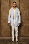 Buy_Ankur J_White Linen Textured Colorblock Shacket And Trouser Set _at_Aza_Fashions